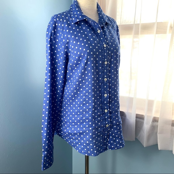 J. Crew Blue Linen Perfect Button Down with White Polka Dots - Picture 7 of 8